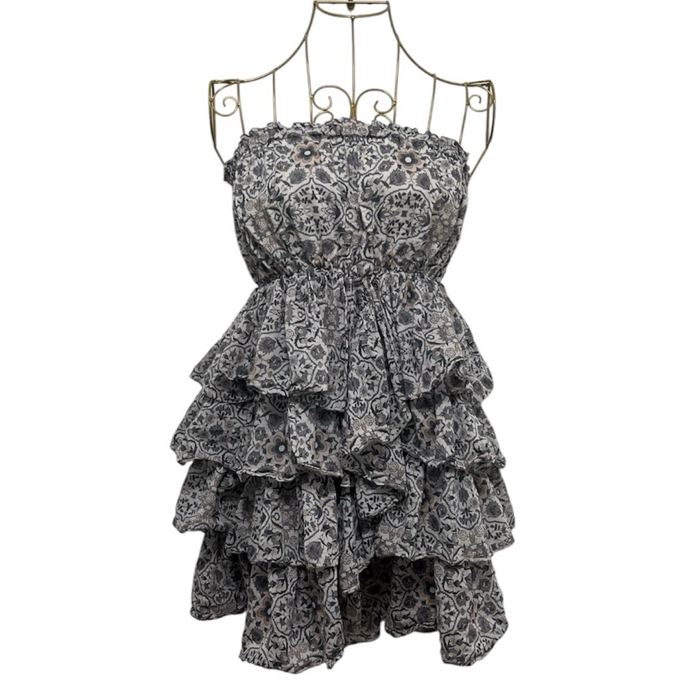STILE BENETTON Silk & Cotton Floral Tiered Ruffle Mini Dress Strapless Size S